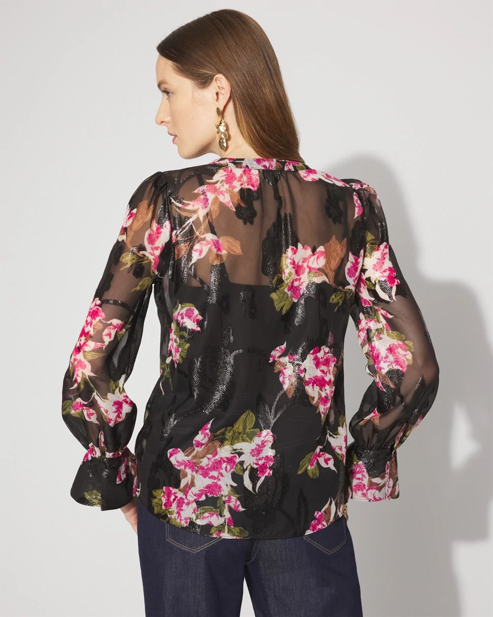 Petite Sheer Metallic Clip Ruffle Blouse | White House Black